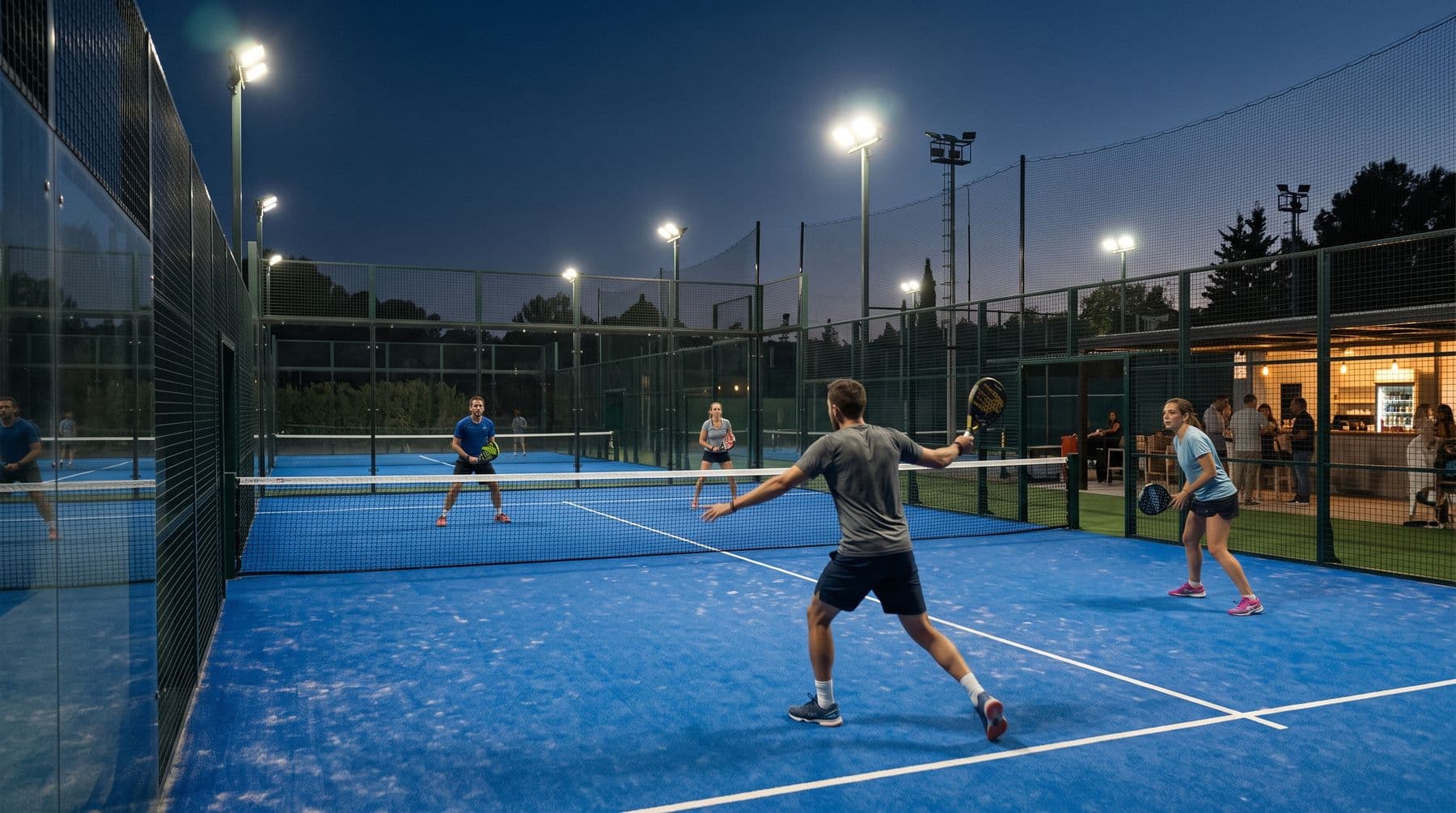 Partido de pádel de noche en un complejo